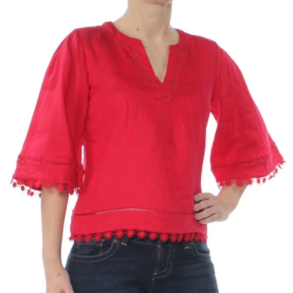 Ralph Lauren Womens Red Lace Bell Sleeve V Neck